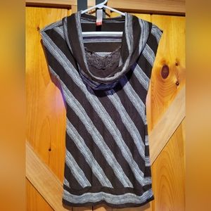 No Boundry sleeveless dress shirt brown with white stripes and lace cami cover.